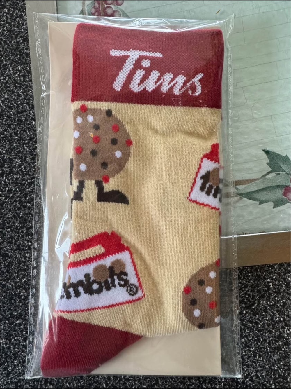 Tims Cozy Novelty Socks - Red & Cream Cookie Design